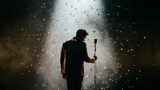 Silhouette of a singer at a vintage microphone in a spotlight with golden confetti falling on a dark stage