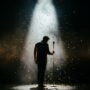 Silhouette of a singer at a vintage microphone in a spotlight with golden confetti falling on a dark stage