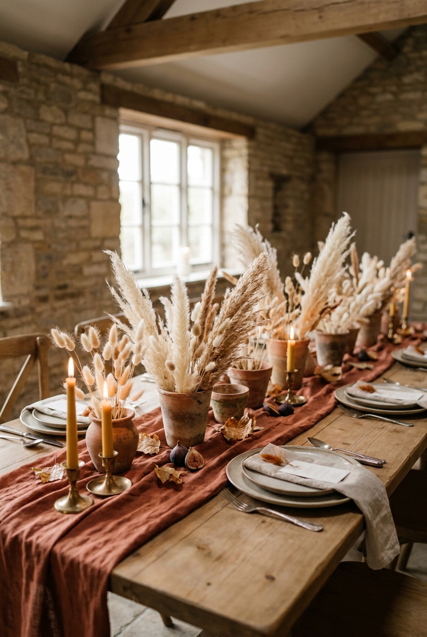 Rustic fall wedding table with terracotta pots of dried grass and lit brass taper candles