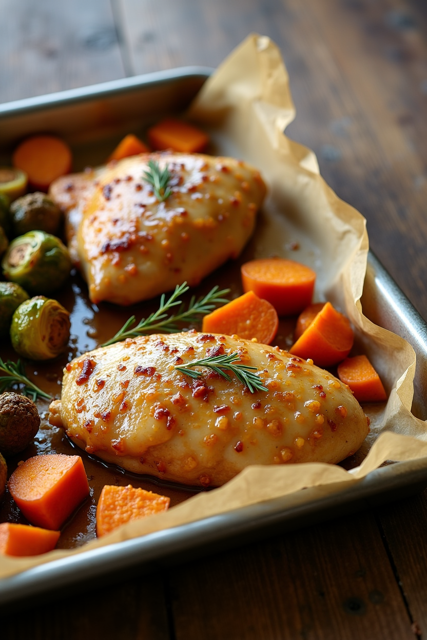 Maple Dijon glazed chicken breasts with caramelized sweet potatoes and Brussels sprouts on a parchment-lined sheet pan