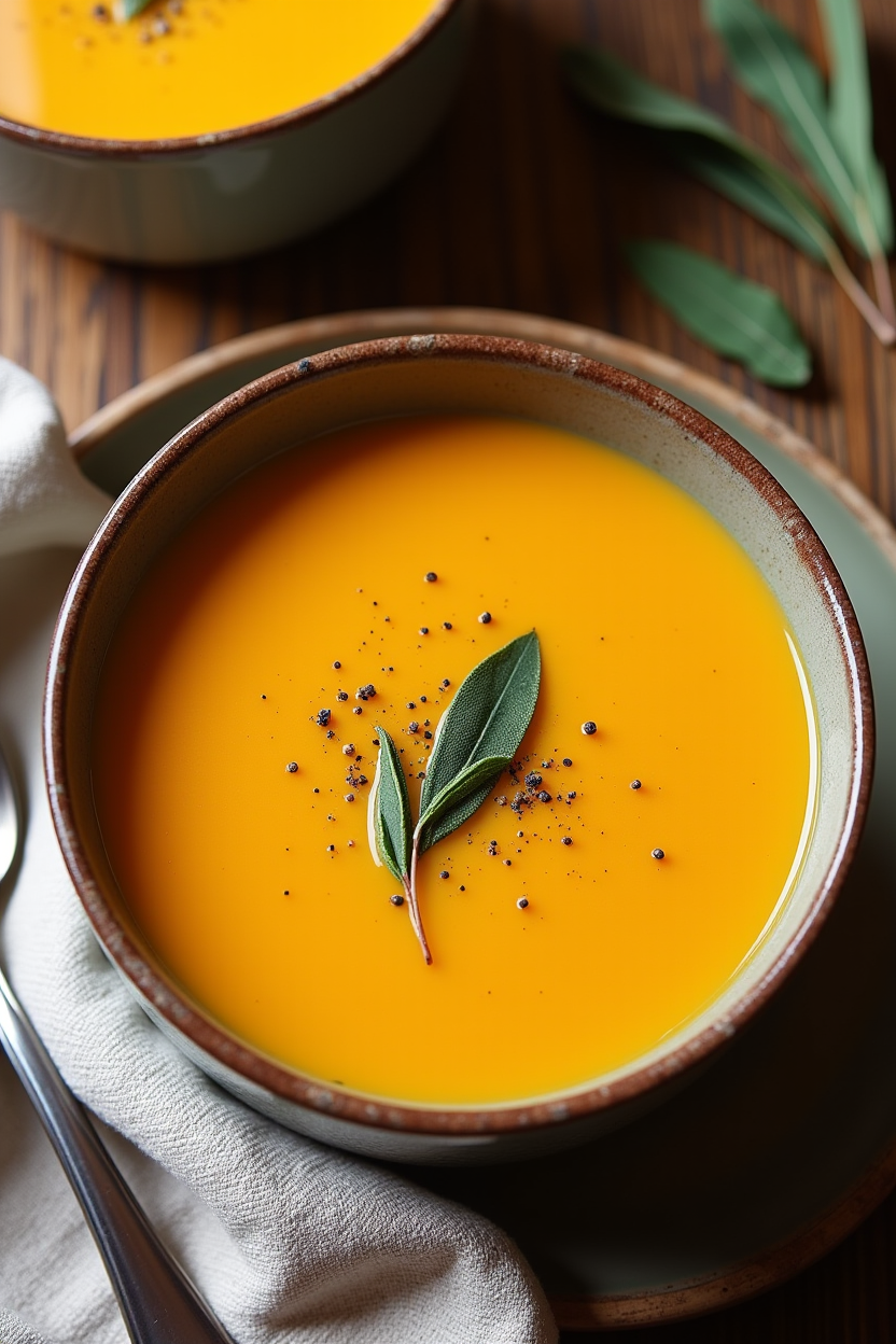 Overhead view of creamy butternut squash and white bean soup with sage on a rustic wooden table.