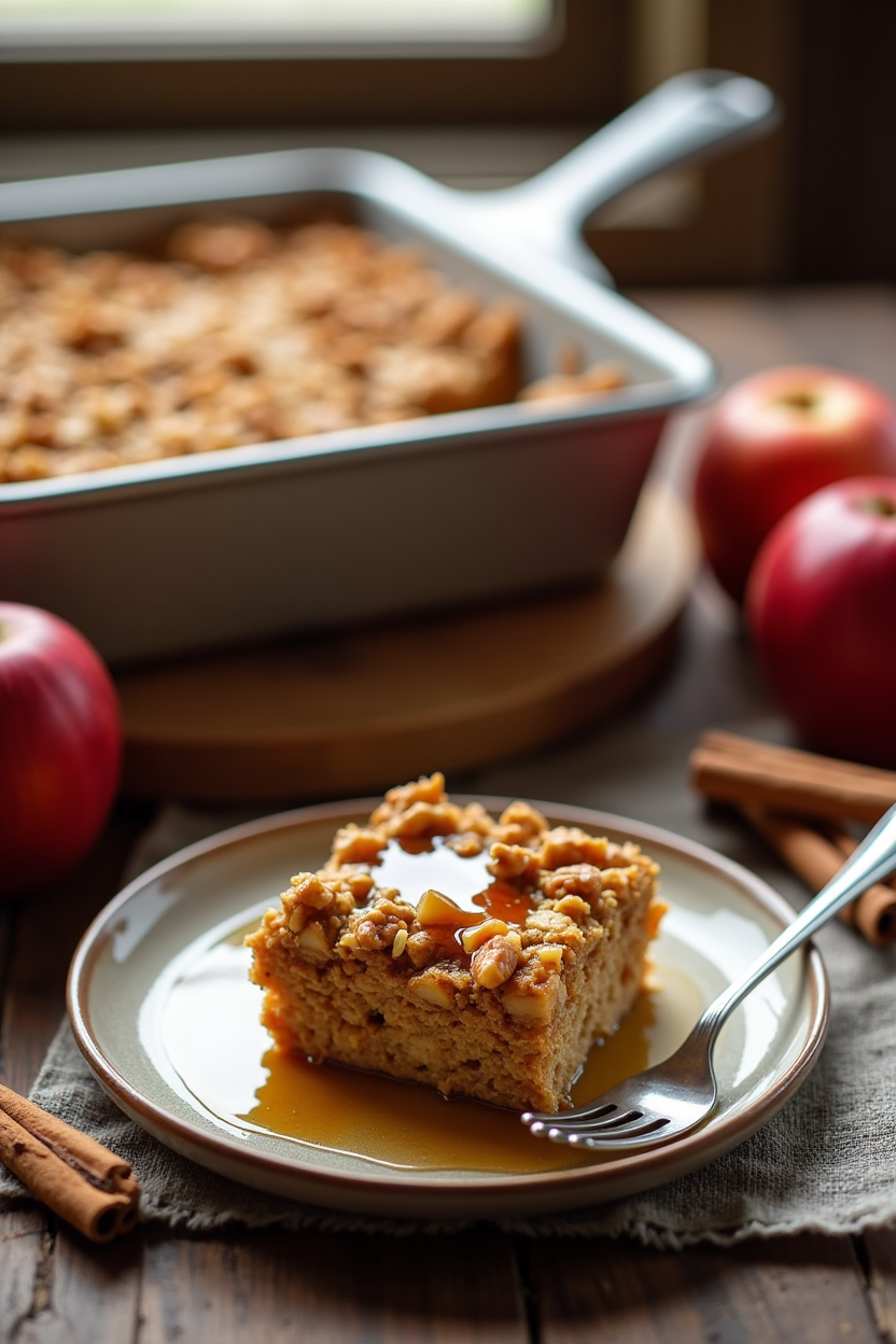 Golden apple cinnamon baked oatmeal in a rustic baking dish topped with diced apples and walnuts