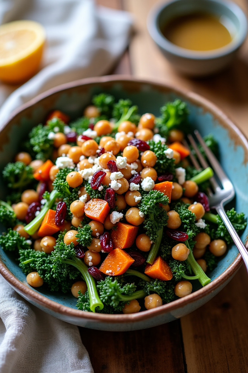 Overhead shot of roasted sweet potato kale salad with crispy chickpeas, dried cranberries, pepitas and feta in a rustic bowl