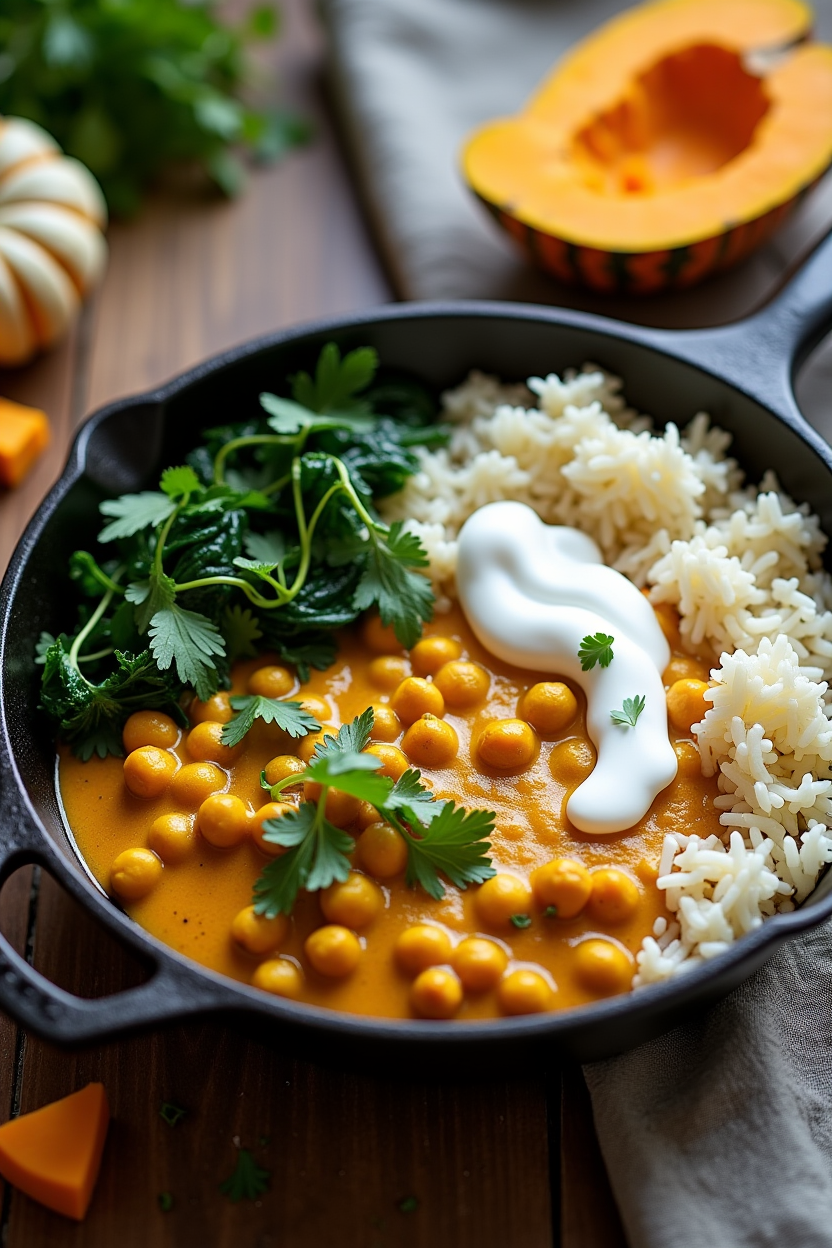 Creamy pumpkin chickpea curry with chickpeas and wilted spinach served over jasmine rice in a rustic skillet
