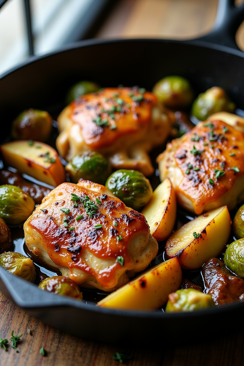 Cast iron skillet of golden apple cider chicken thighs with caramelized Brussels sprouts and apple wedges in a glossy pan sauce, garnished with fresh thyme