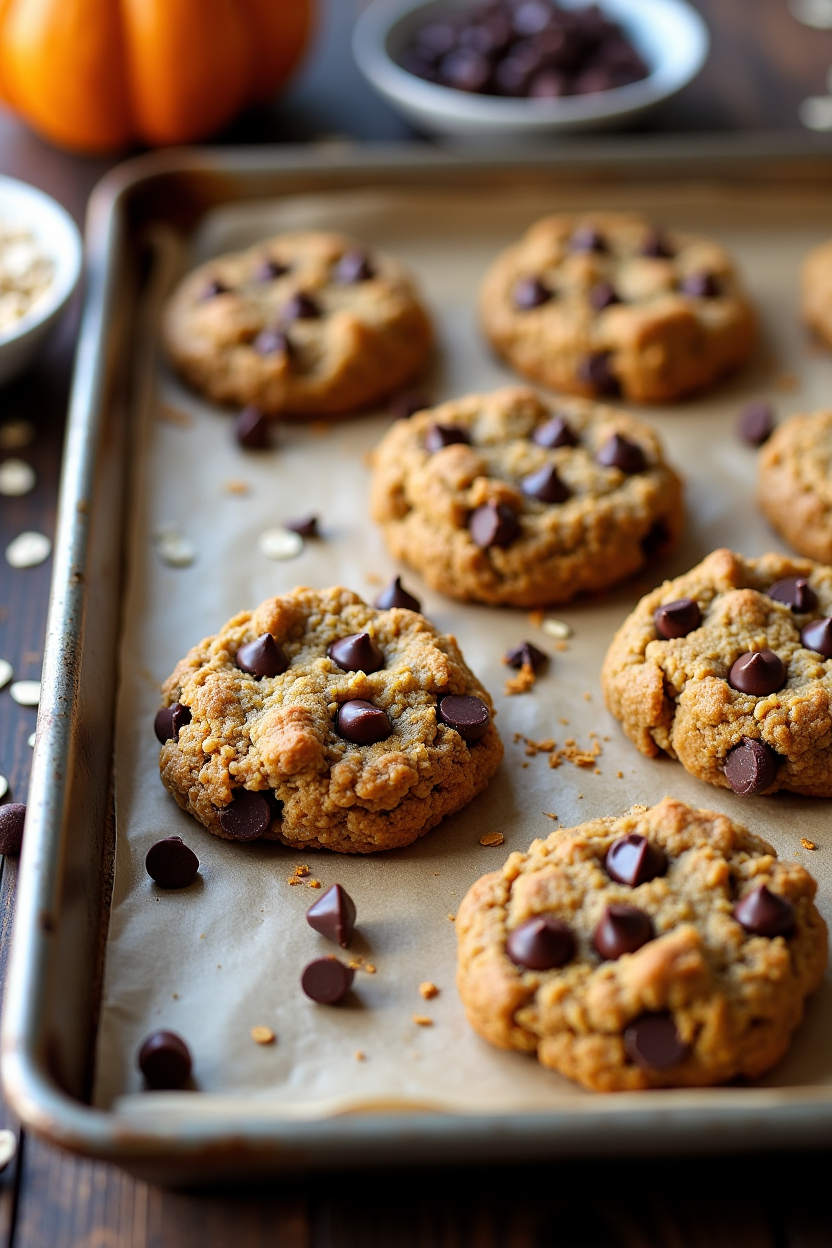Freshly baked pumpkin oatmeal chocolate chip cookies on a parchment-lined baking sheet.