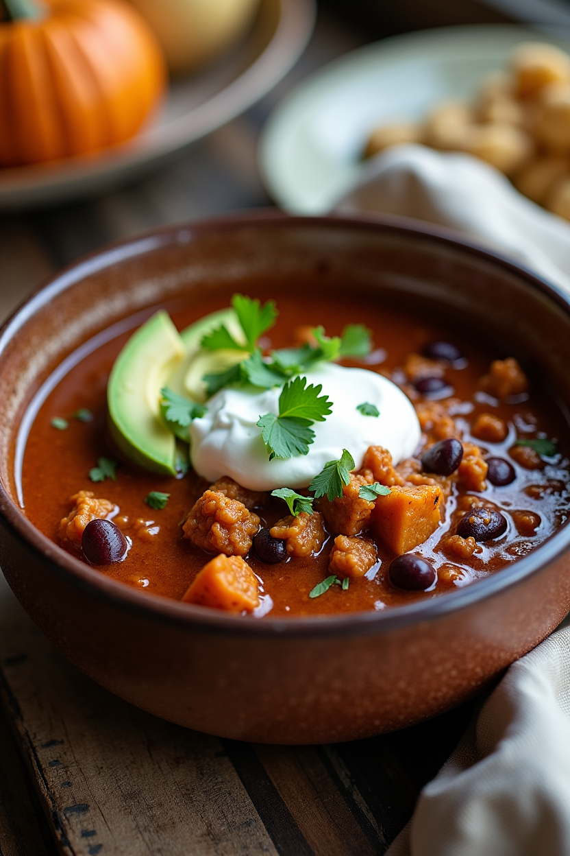 One-pot turkey pumpkin chili in a rustic bowl topped with Greek yogurt, avocado and cilantro