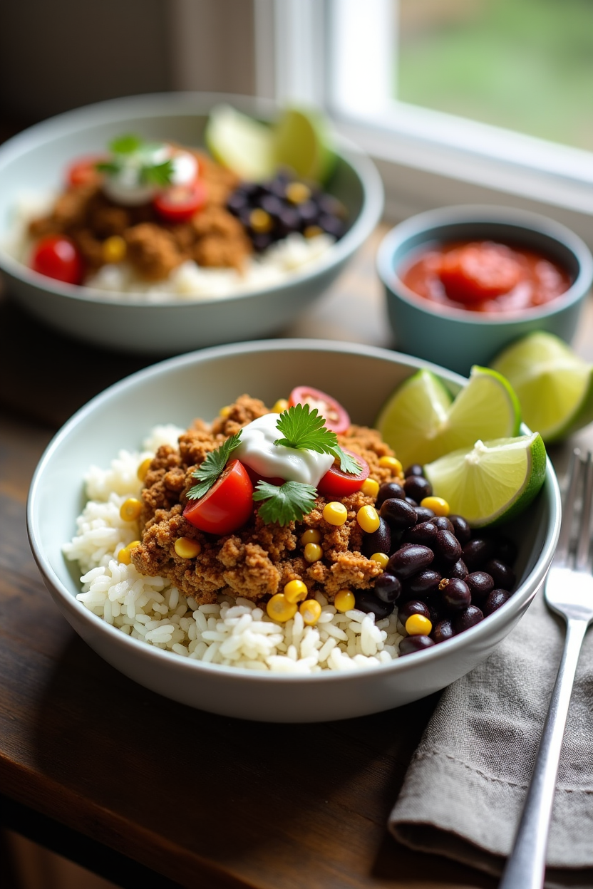 Turkey taco meal prep bowl with rice, black beans, corn, cherry tomatoes and a lime yogurt drizzle