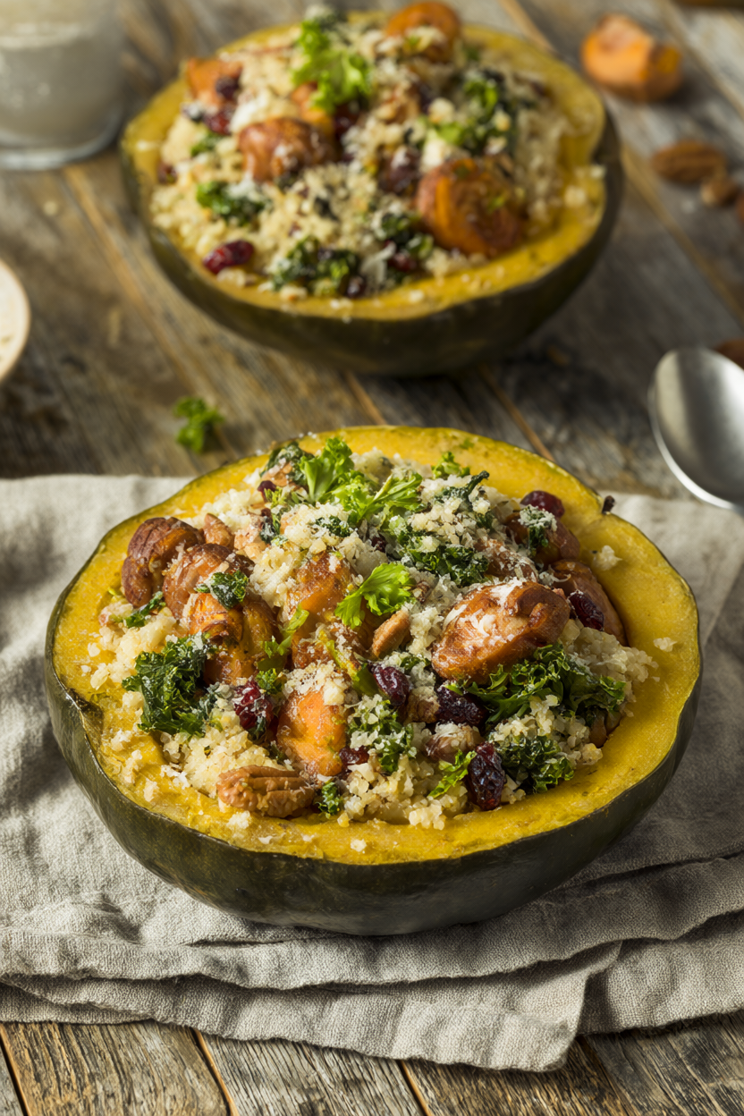 Roasted acorn squash halves stuffed with quinoa, turkey sausage, kale, cranberries and pecans, topped with Parmesan