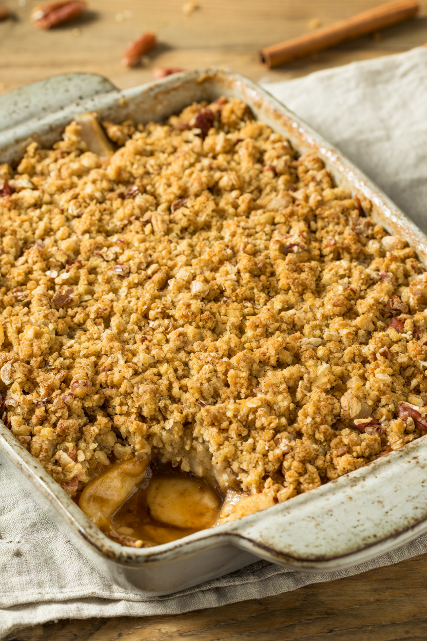 Baked healthy apple crisp with a golden oat and pecan crumble in a rustic ceramic dish