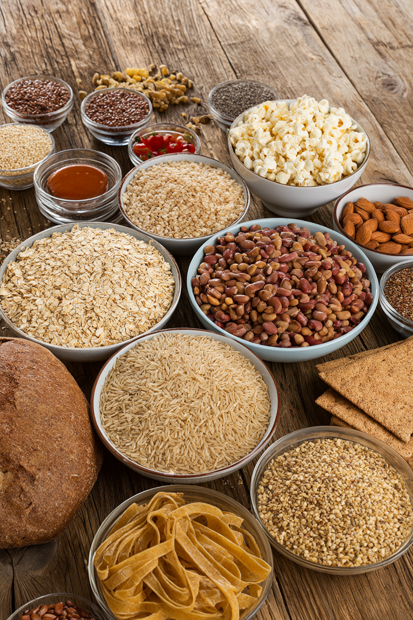 Overhead spread of high-fiber pantry staples including beans, lentils, oats, nuts and seeds on a rustic wooden table.