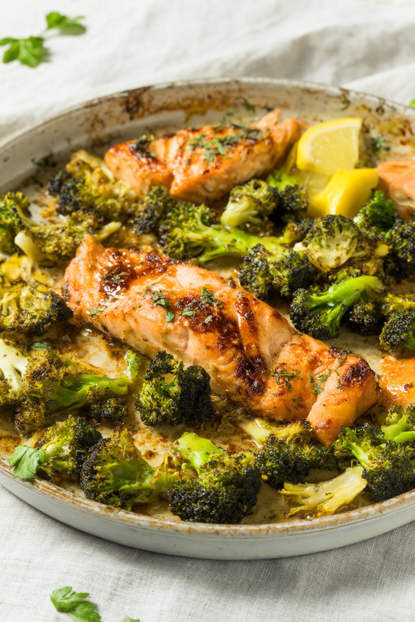 Honey lemon garlic glazed salmon fillets with crispy roasted broccoli on a parchment-lined sheet pan.