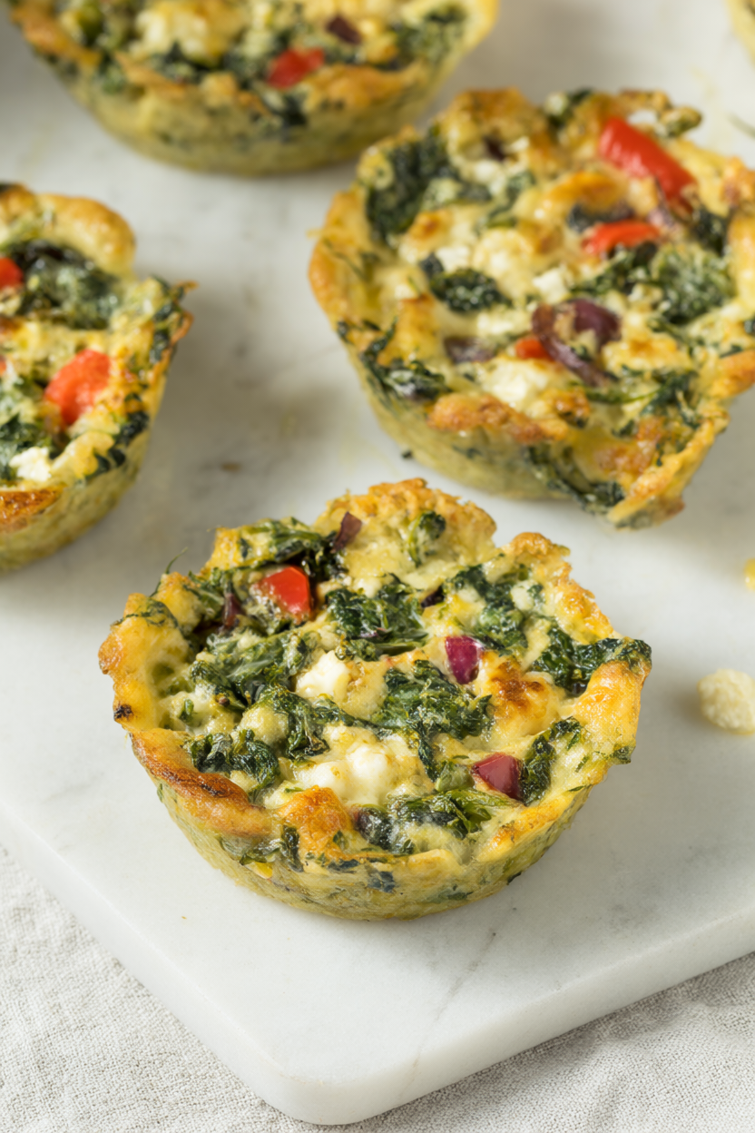 Baked spinach feta egg muffins with golden edges, spinach and feta in a white bowl.