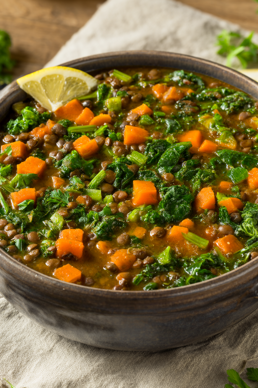 A rustic bowl of one-pot lentil soup with kale and carrots in tomato-cumin broth.