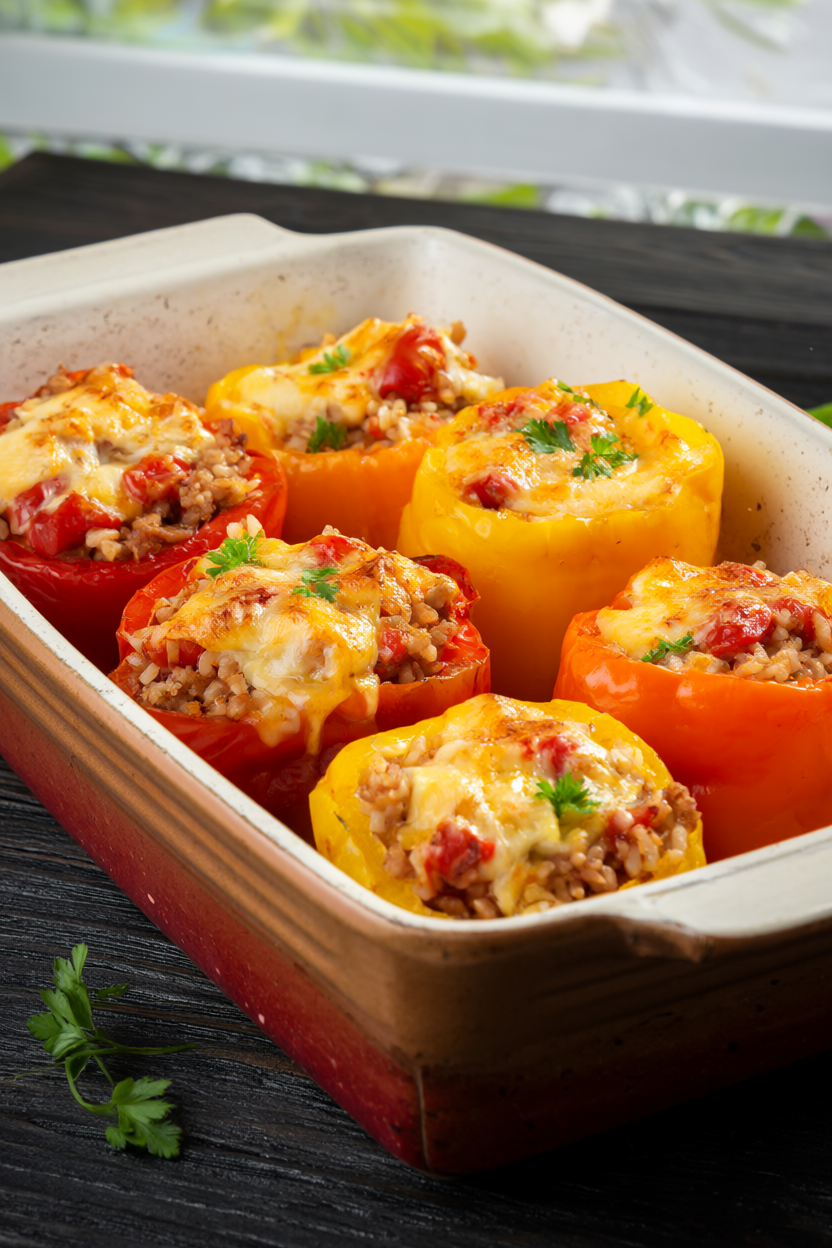 Stuffed bell peppers with ground turkey, brown rice and melted mozzarella in a rustic baking dish
