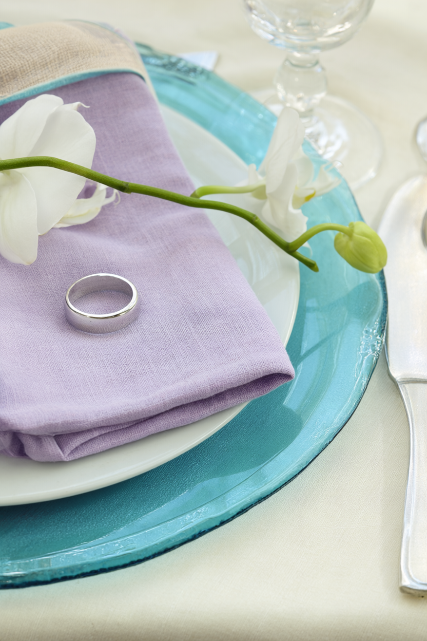 Close-up of a place setting with a tinted blue glass charger, white plate, lilac napkin, white orchid stem and silver ring