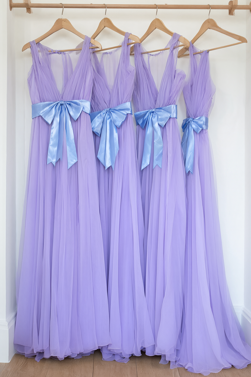 Row of lilac chiffon dresses on wooden hangers with wide ice-blue ribbon sashes