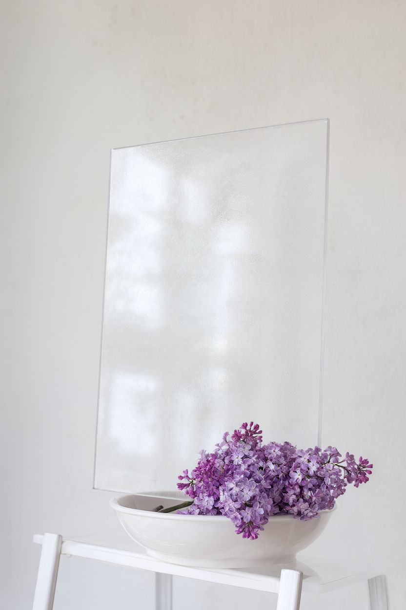 Frosted acrylic seating chart on a white easel with a bowl of lilac buds at the base
