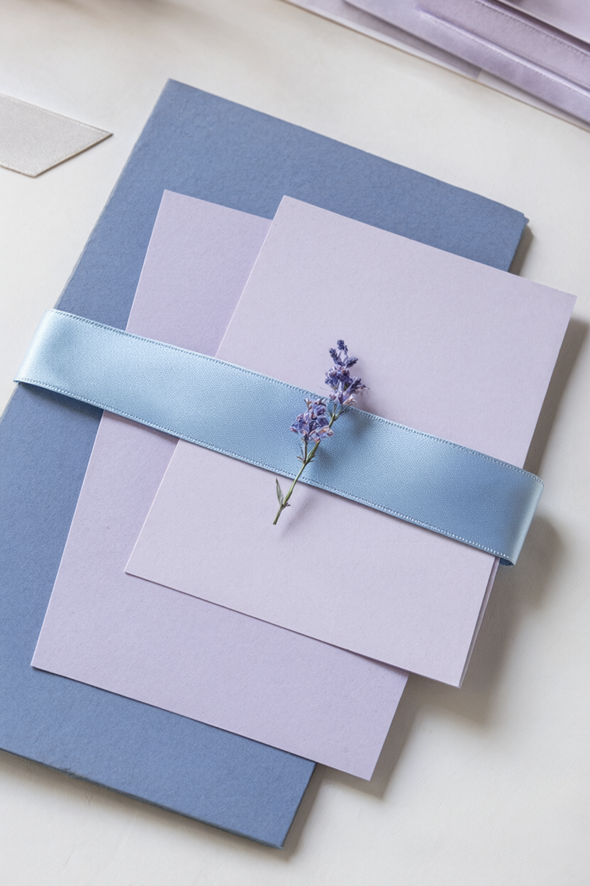 Flat-lay of slate-blue and lilac invitation cards tied with an ice-blue silk band and a dried lilac sprig