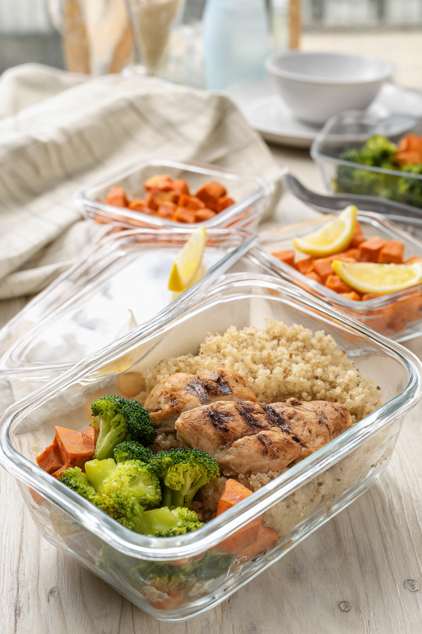Meal-prep containers with grilled chicken, quinoa, roasted broccoli and sweet potato on a rustic wood table