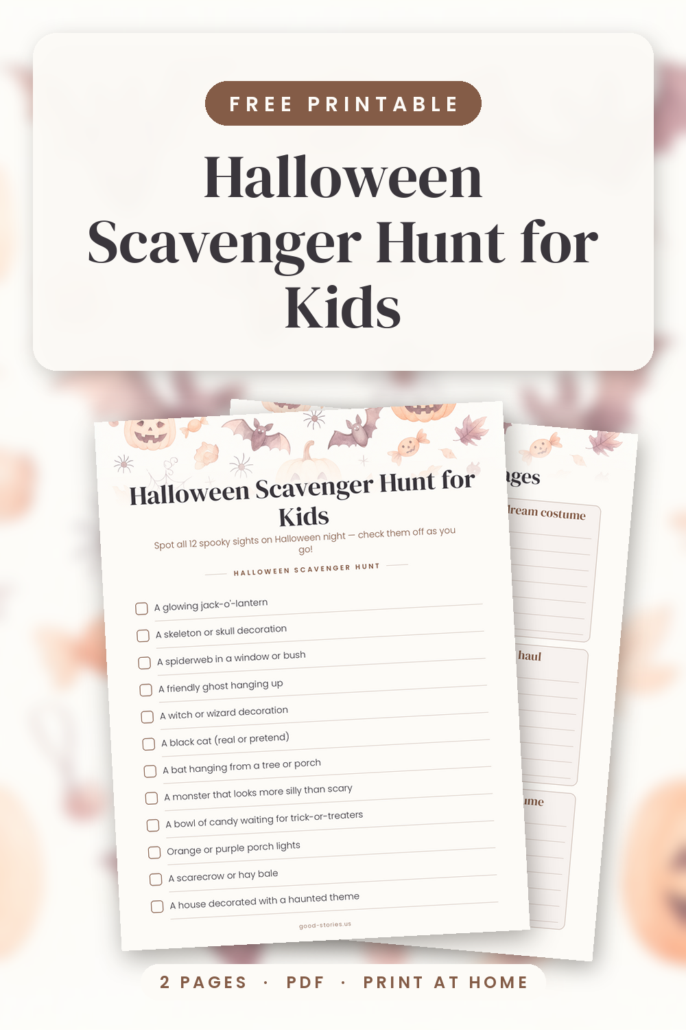 Printed Halloween scavenger hunt for kids checklist on a rustic table with mini pumpkins, a clipboard, a pencil and fall leaves