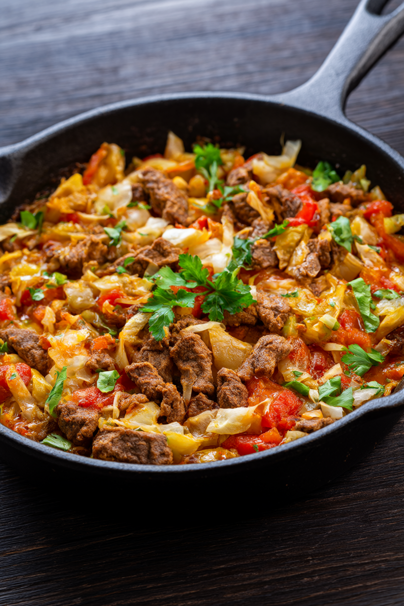 Ground beef and cabbage skillet in a black cast-iron skillet with parsley garnish