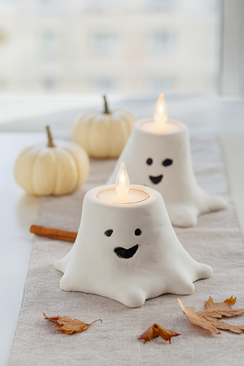 Two white air-dry clay ghost tealight holders with painted faces and glowing LED tealights styled on a linen runner with mini pumpkins and autumn leaves