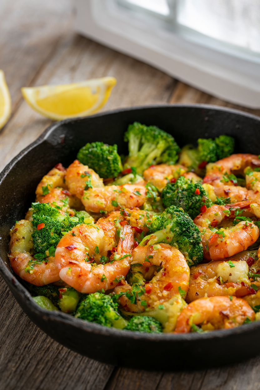 Garlic butter shrimp and broccoli skillet in a cast iron pan, garnished with parsley and red pepper flakes with lemon wedges alongside.