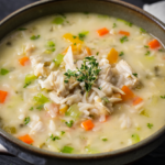 Creamy chicken and wild rice soup with shredded rotisserie chicken, carrots and celery in a rustic ceramic bowl.