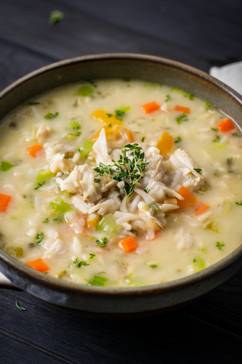 Creamy chicken and wild rice soup with shredded rotisserie chicken, carrots and celery in a rustic ceramic bowl.