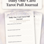 Printable Daily One-Card Tarot Pull Journal with a seven-day pull log and reflection prompts in a soft celestial indigo and gold style