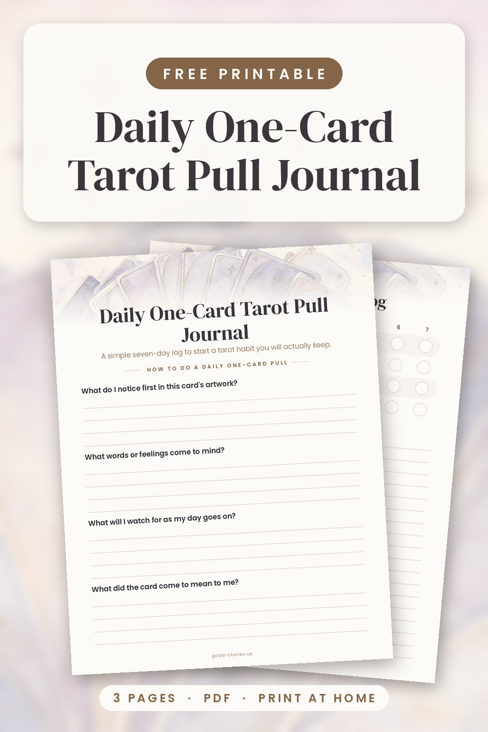 Printable Daily One-Card Tarot Pull Journal with a seven-day pull log and reflection prompts in a soft celestial indigo and gold style