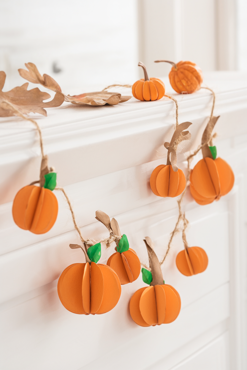 Six small 3D paper pumpkins in warm orange cardstock with brown stems and green leaves strung on a jute twine garland on a white mantel.