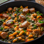 One-pan sausage and white bean stew with kale in a cast iron skillet