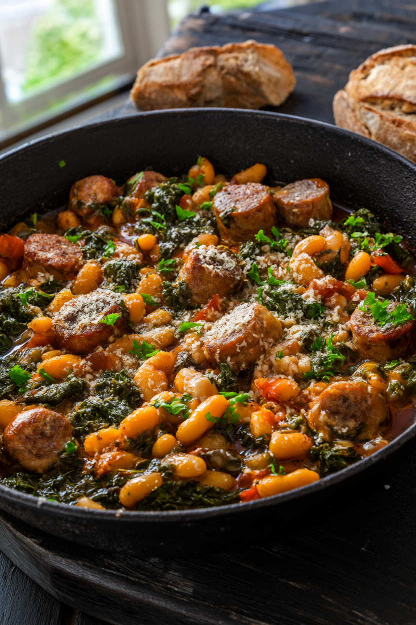 One-pan sausage and white bean stew with kale in a cast iron skillet