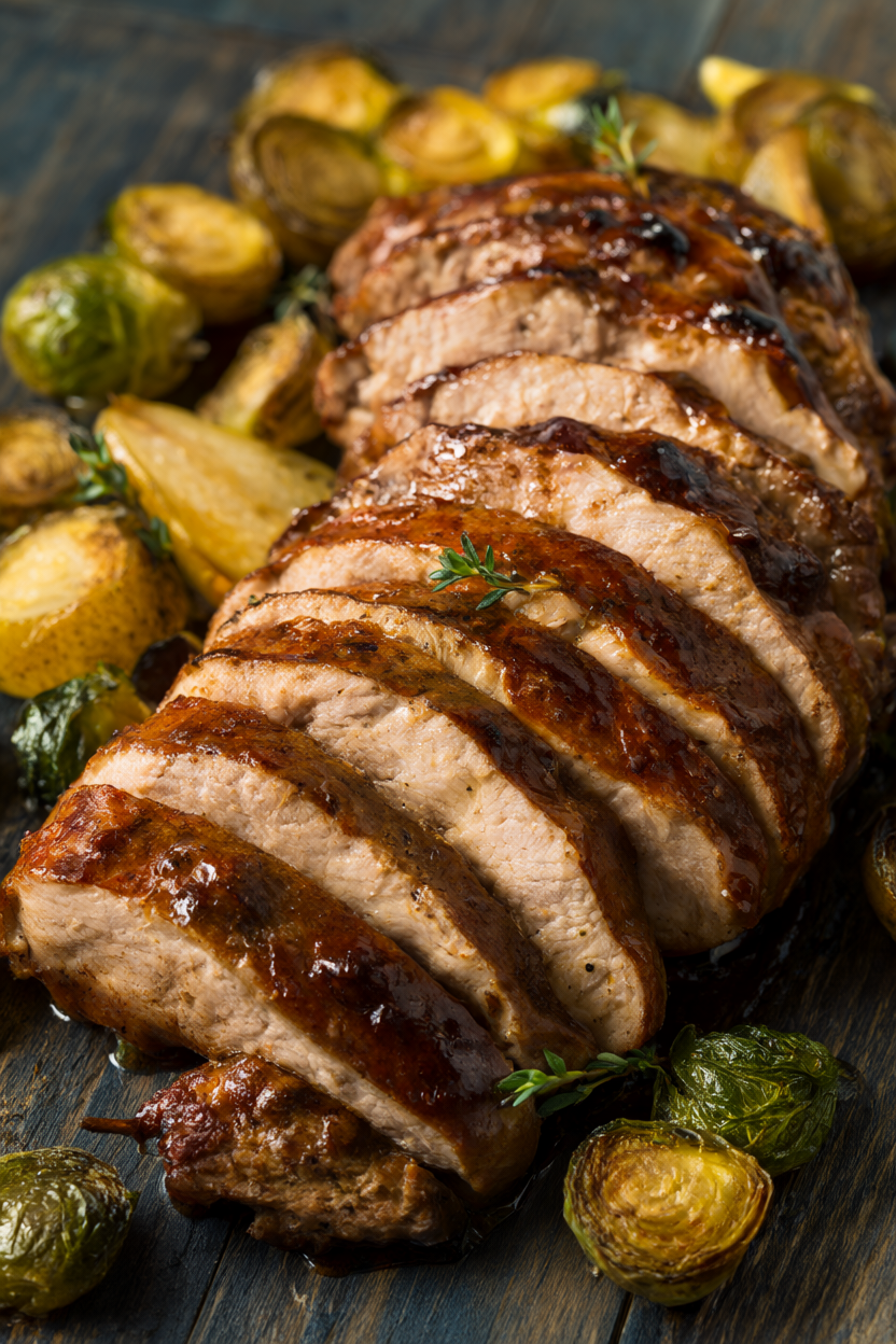 45-degree shot of honey balsamic pork tenderloin sliced into glossy glazed medallions, plated with caramelized pears and roasted Brussels sprouts, fresh thyme garnish on rustic dark wood.