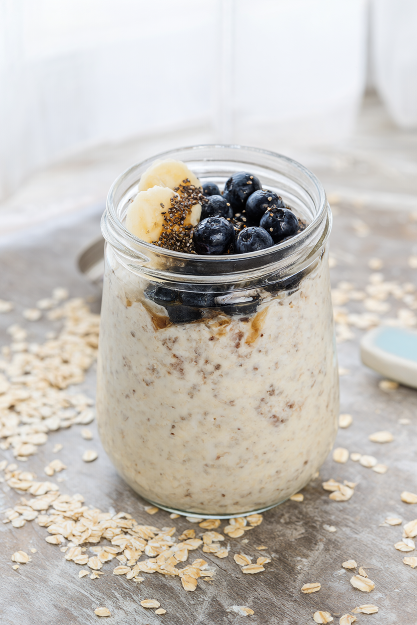 Creamy overnight oats in a glass jar topped with blueberries, banana slices, chia seeds and maple syrup on a rustic wood table
