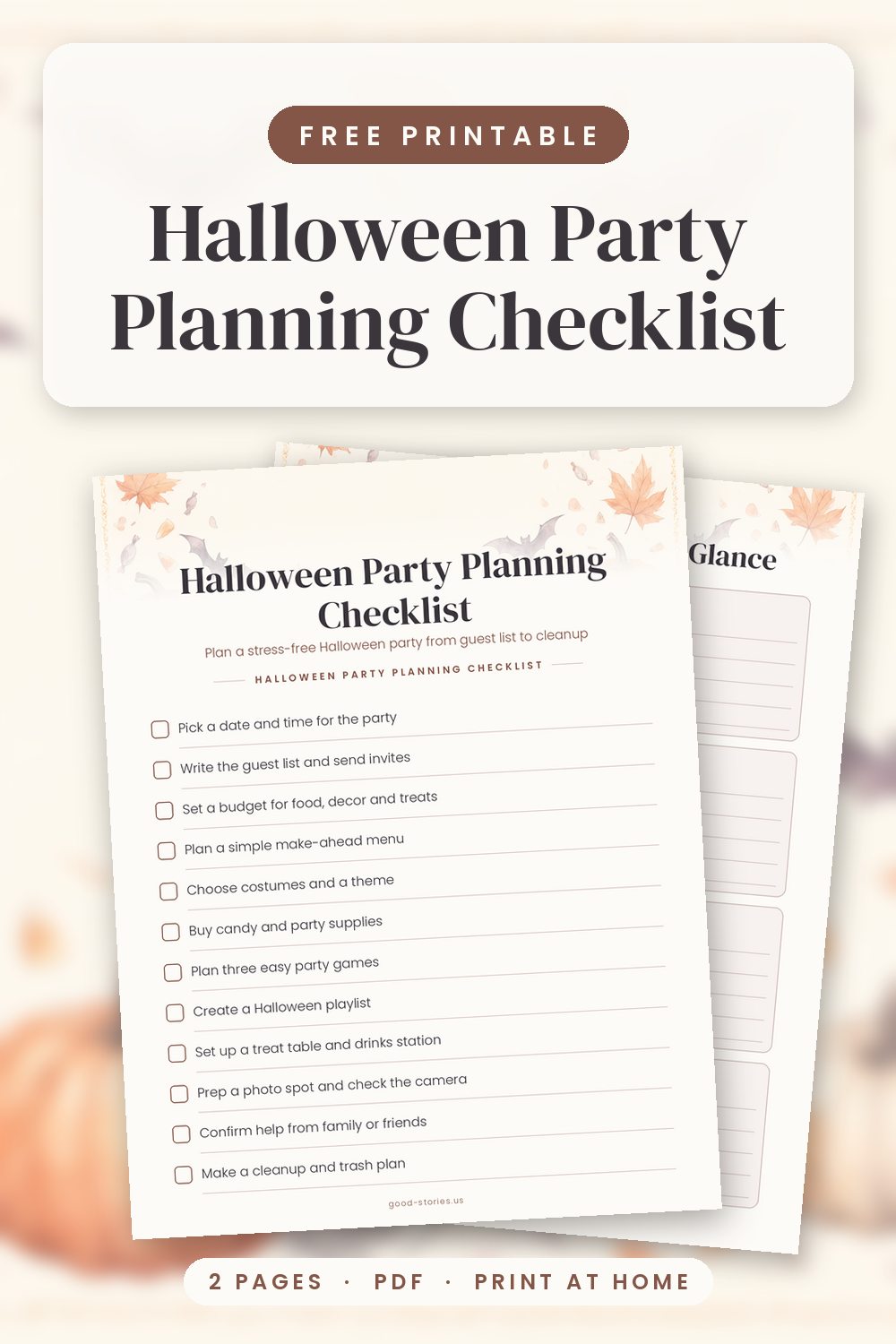 Watercolor Halloween party checklist printable with pumpkins, bats and candy corn on a cozy fall party table