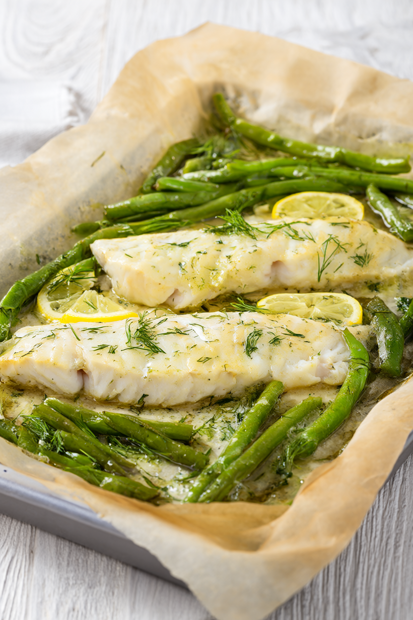 Lemon dill baked cod fillets topped with lemon slices beside roasted green beans on a sheet pan