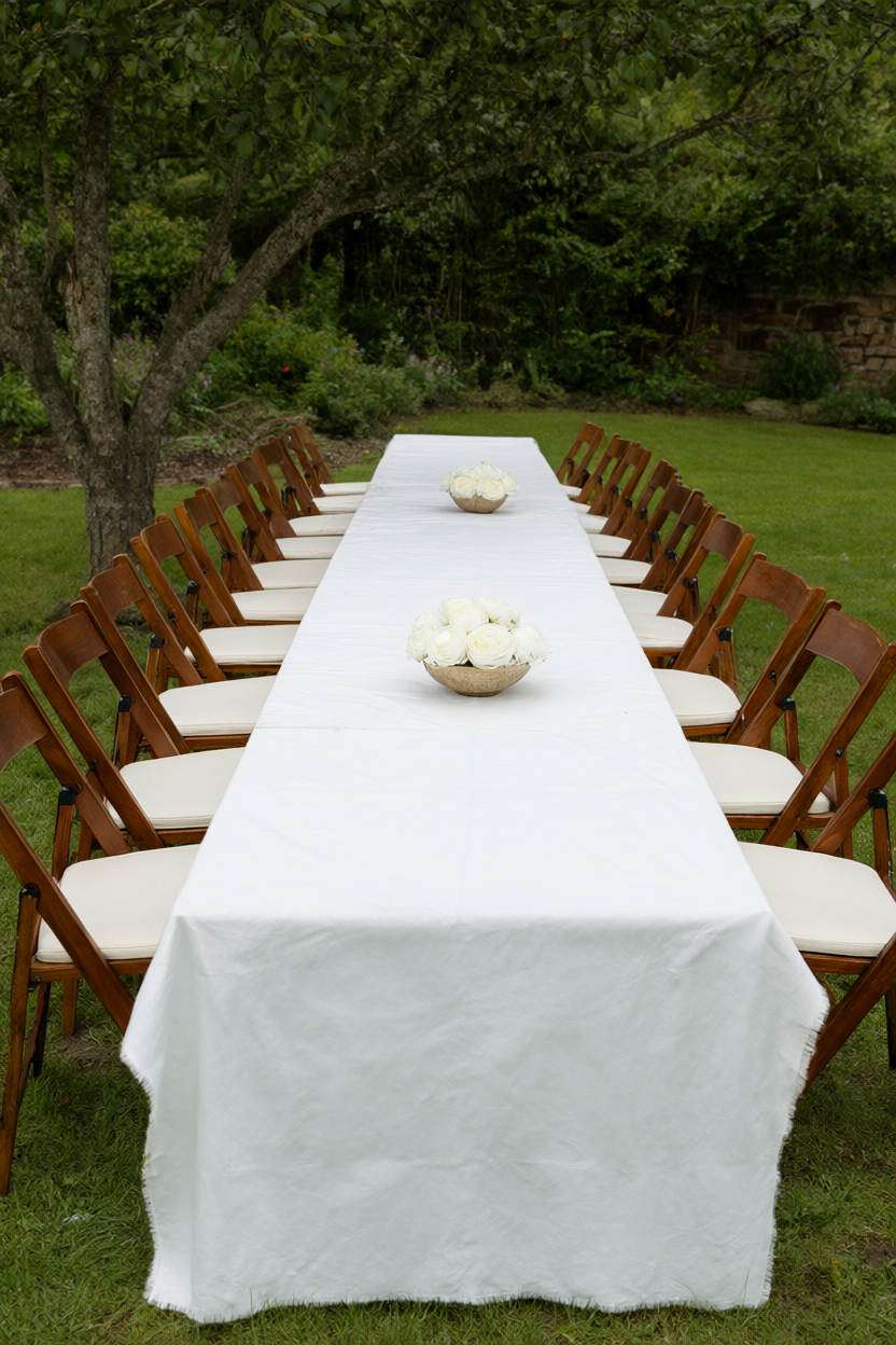Long white-clothed table across a backyard lawn with wooden folding chairs and two low bowls of white ranunculus in tree shade