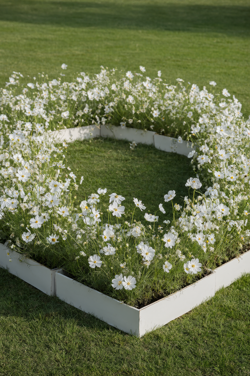 Low white planters of white cosmos and stock forming a clean rectangular border around an empty green lawn in soft midday light