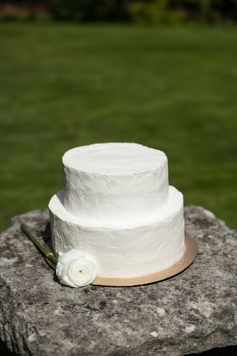 Single-tier textured white cake on a rough grey stone slab with one white ranunculus stem against a blurred green lawn
