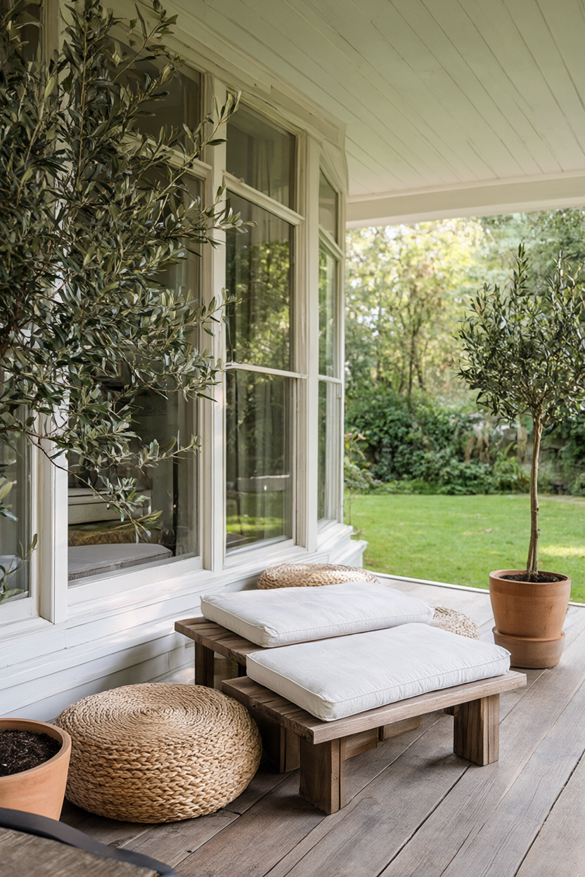 Backyard porch with two low wooden benches, white linen cushions, woven poufs and potted olive trees opening onto a green lawn