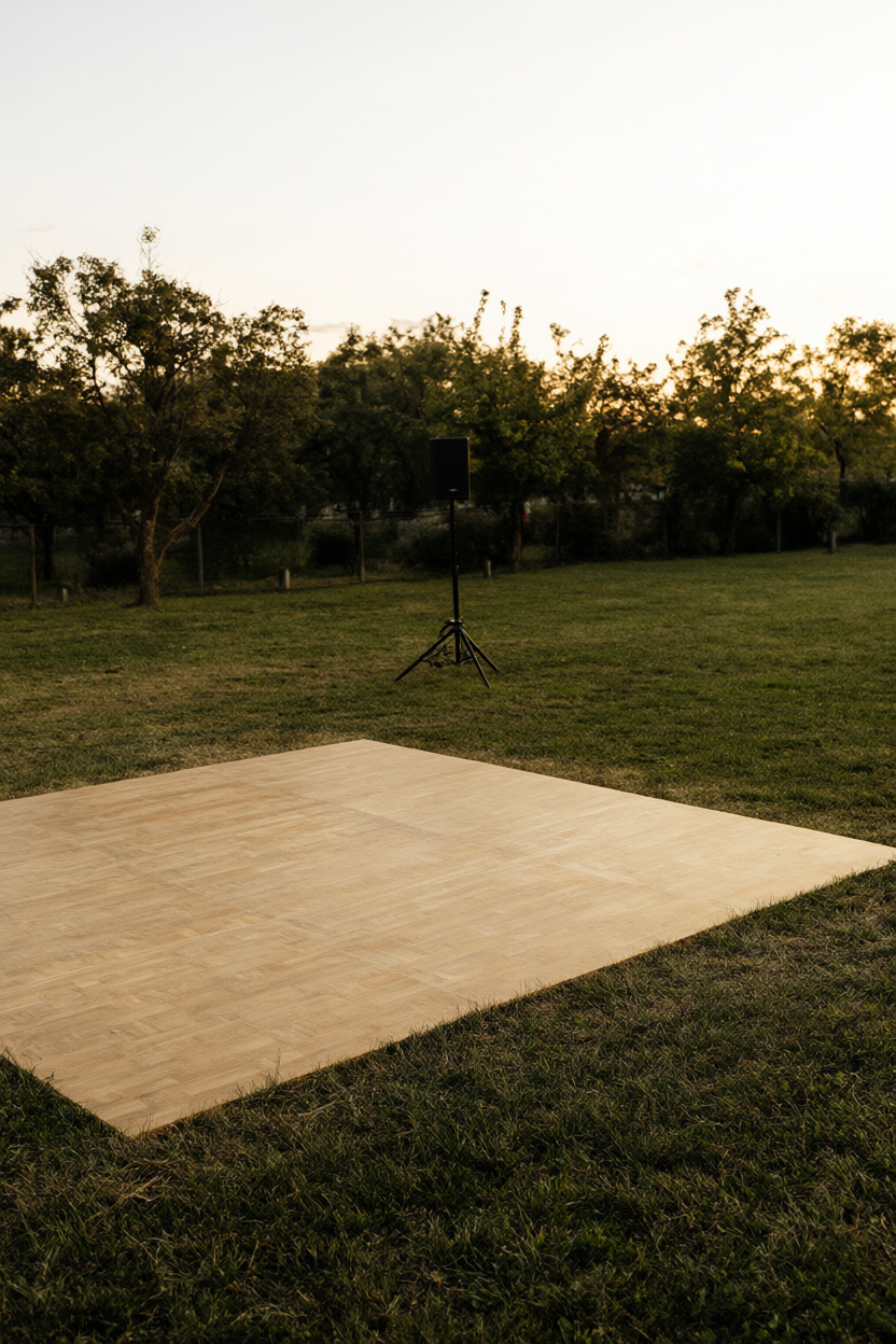 Compact pale-oak dance floor on short backyard grass with one speaker on a simple stand under a warm early-evening sky