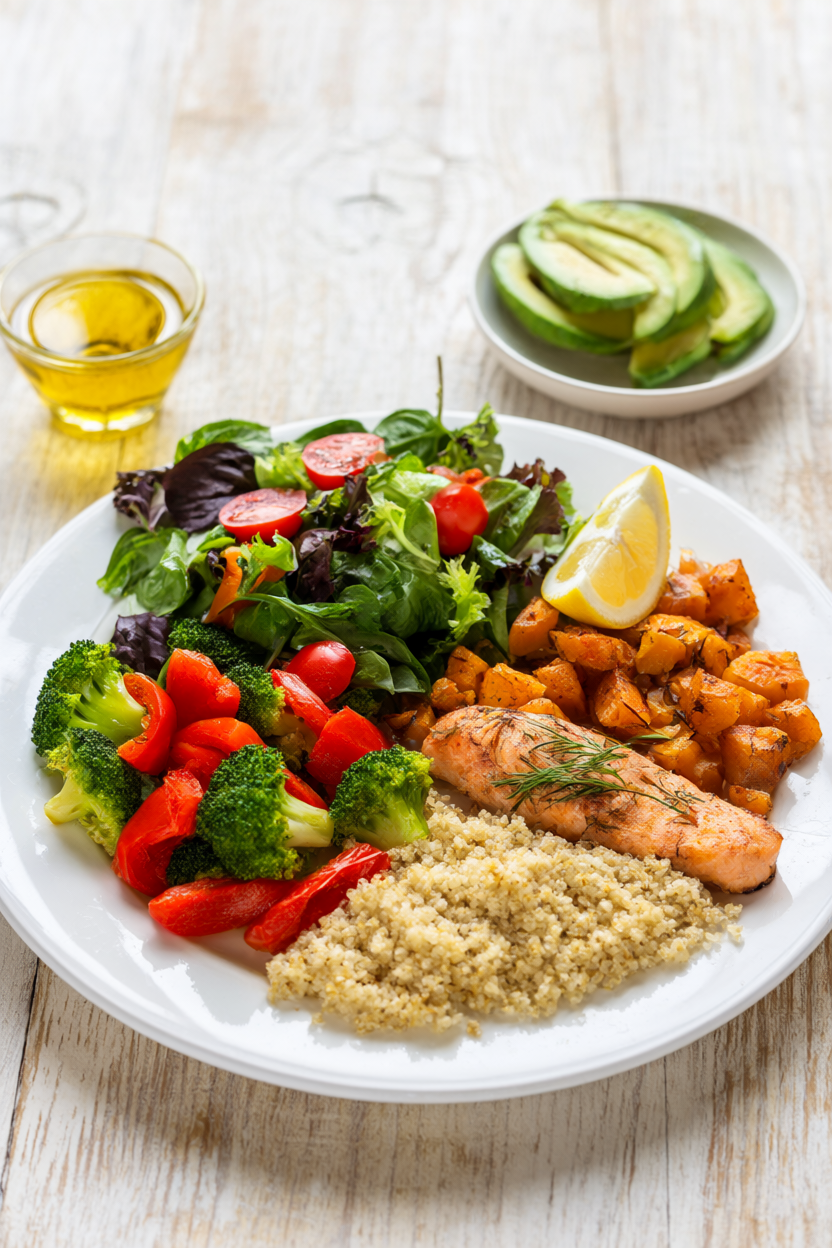 Balanced dinner plate with grilled salmon, quinoa, roasted vegetables and a spinach-tomato salad