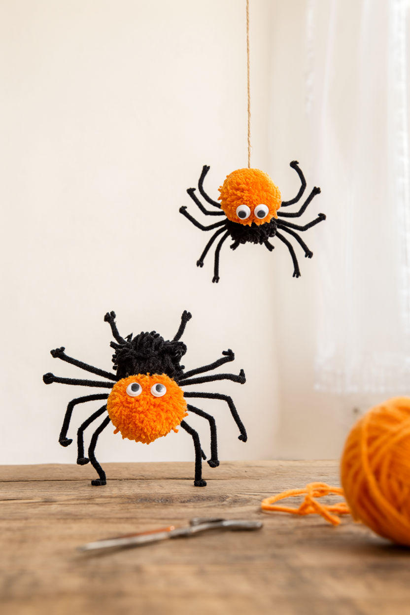 Two plump Halloween pom-pom spiders made of orange and black yarn with pipe-cleaner legs and googly eyes, one on a rustic wood table and one hanging from a cotton string