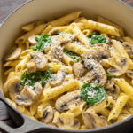 One-pot creamy mushroom pasta with spinach and Parmesan in a Dutch oven on a wood table