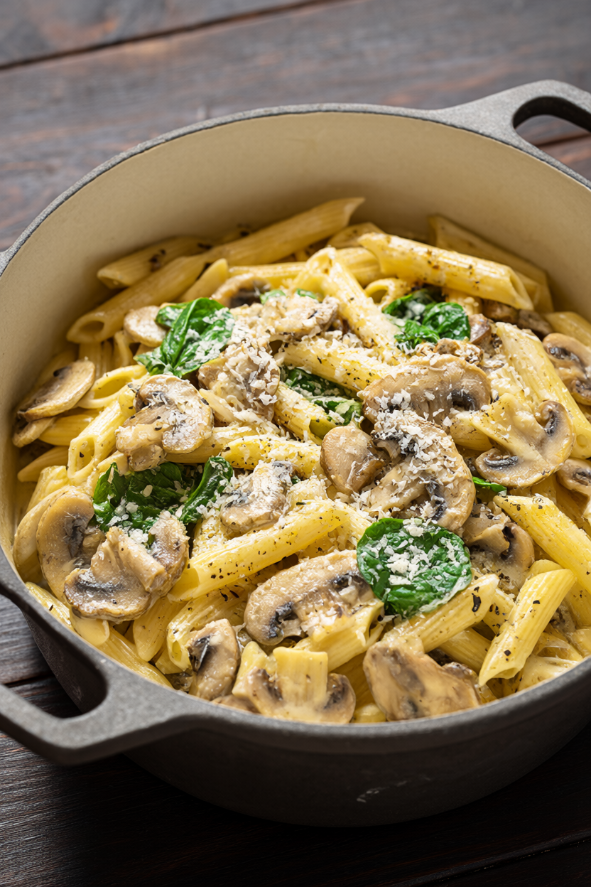 One-pot creamy mushroom pasta with spinach and Parmesan in a Dutch oven on a wood table