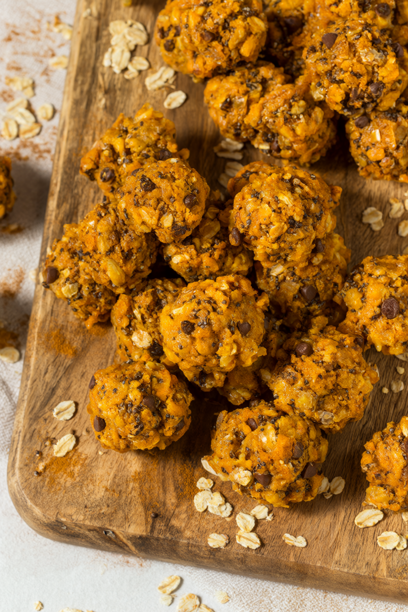 Overhead shot of no-bake pumpkin energy bites with oats, chia seeds and mini chocolate chips on a rustic wooden board