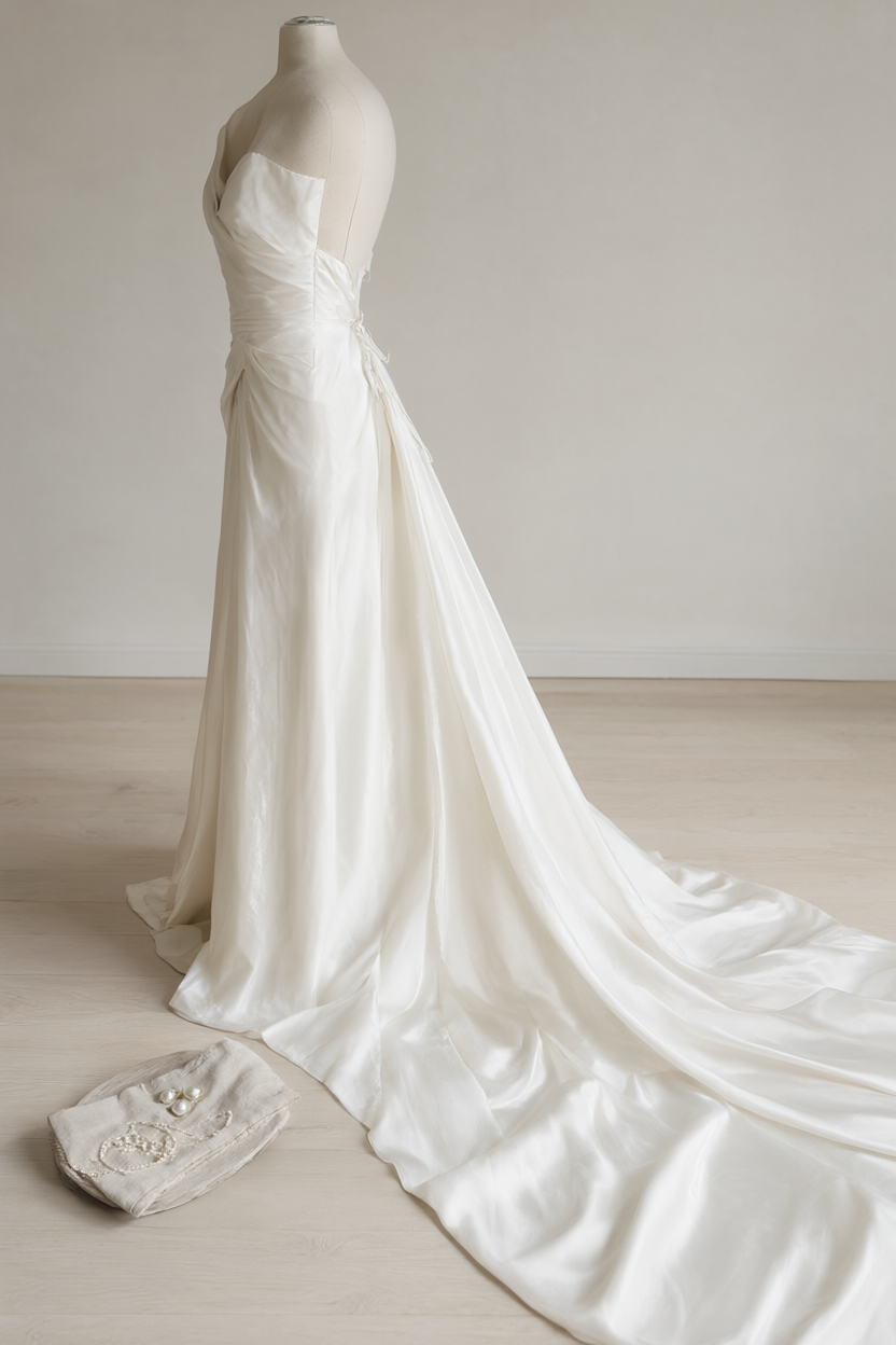 Unembellished ivory silk-crepe gown on a dress form with its detachable train pooling across a pale wood floor